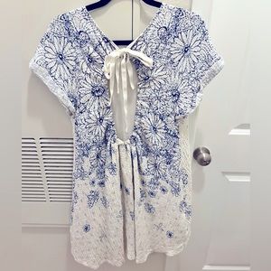 Free People Open Back White and Blue Floral Lined Tie Dress- S